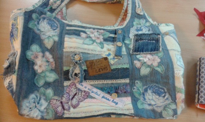 Denim patchwork and appliqué bag