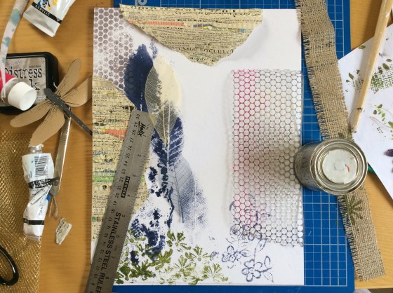 Stencilling with sequin waste.