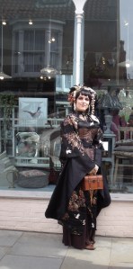 Elegant Steampunk lady photographed in the Bailgate, Lincoln