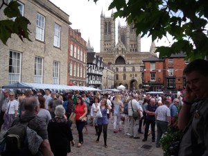 Castle Square visitors and trade stalls selling all sorts of Steampunk gear.