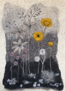 Wet felted Bergschaf and Merino wool picture entitled Yellow Poppies.