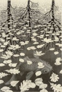 Black and white etching titled Three Worlds by artist Maurits Cornelis Escher